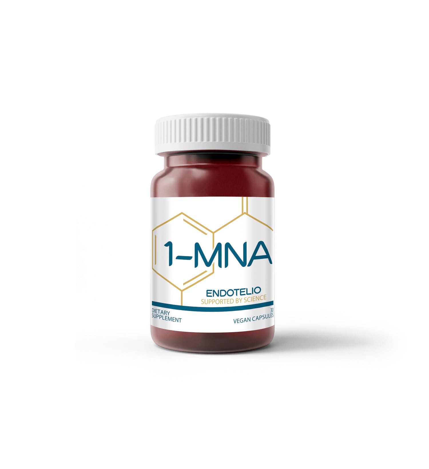 A bottle from the "Endotelio 1-MNA Case (12 Bottles)" is labeled with "Endotelio" and "Dietary Supplement" on a white background. It contains vegan capsules crafted to support NAD levels by inhibiting NNMT.